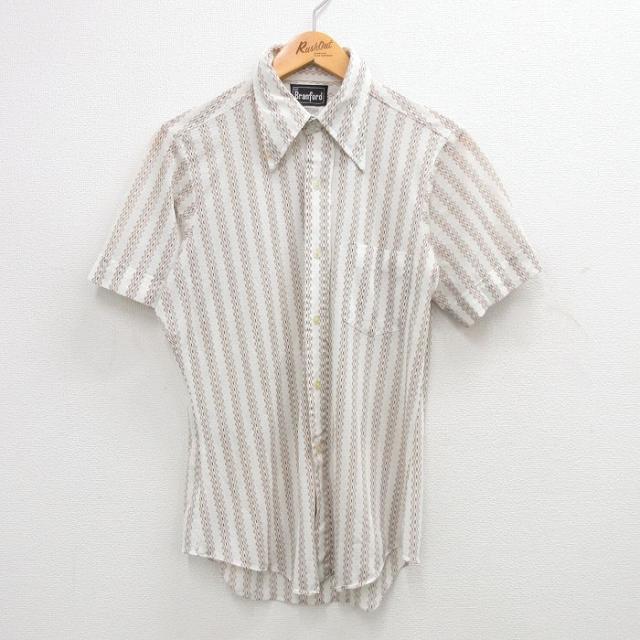 古着 半袖 シャツ メンズ 70年代 70s 濃茶他 ブラウン ストライプ Sサ