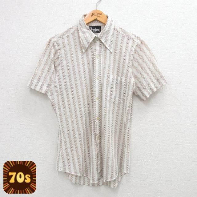 古着 半袖 シャツ メンズ 70年代 70s 濃茶他 ブラウン ストライプ Sサ