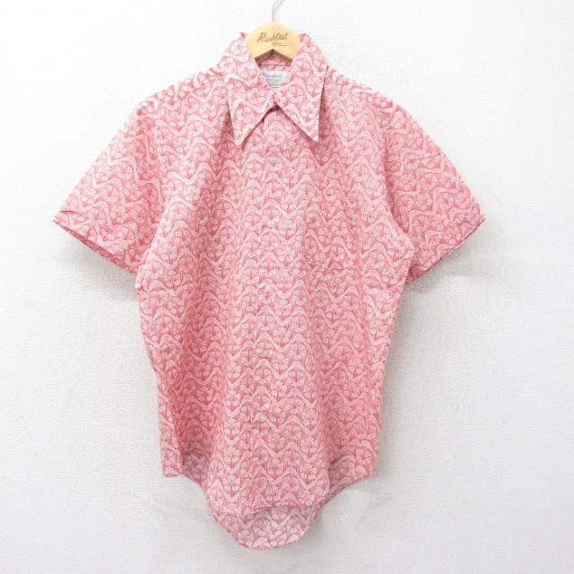 古着 半袖 シャツ メンズ 70年代 70s 総柄 赤他 レッド Lサイズ 中古