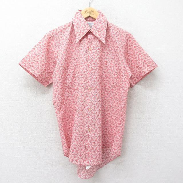 古着 半袖 シャツ メンズ 70年代 70s 総柄 赤他 レッド Lサイズ 中古