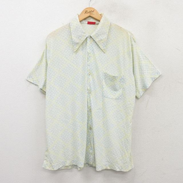 古着 半袖 シャツ メンズ 70年代 70s 総柄 薄緑他 グリーン XLサイズ