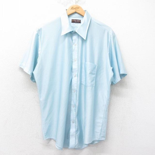 古着 半袖 シャツ メンズ 70年代 70s 薄紺 ネイビー XLサイズ 中古 