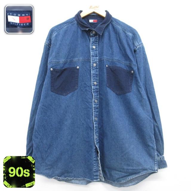 トミーヒルフィガー 90s 長袖シャツ ネイビーデニム XL | 古着 26au