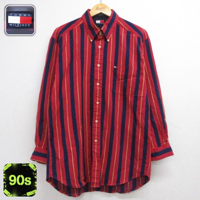 トミーヒルフィガー 90s 長袖シャツ レッドストライプ M | 古着 26au