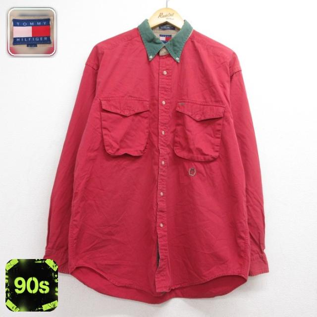 トミーヒルフィガー 90s 長袖シャツ フラップポケット レッド XL | 古着