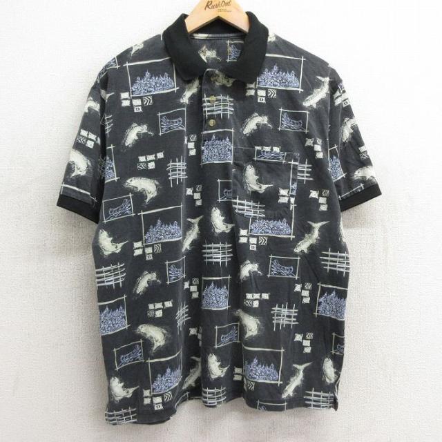 古着 半袖 ポロ シャツ メンズ 魚 総柄 黒他 ブラック XLサイズ 中古 ト