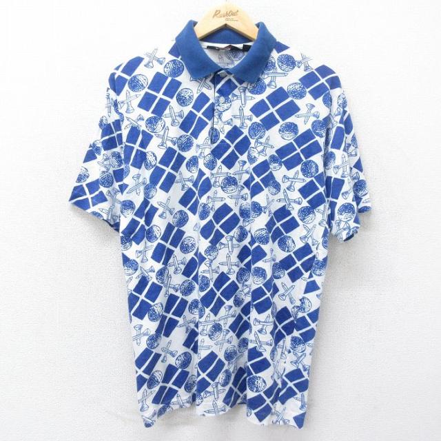 古着 アロー 半袖 ポロ シャツ メンズ 90年代 90s ゴルフ 総柄 青他 