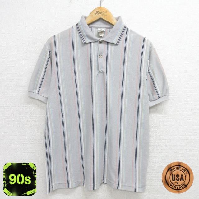 古着 半袖 ポロ シャツ メンズ 90年代 90s USA製 グレー他 ストライ