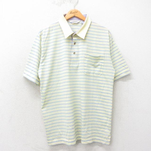 古着 半袖 ポロ シャツ メンズ 80年代 80s 黄他 イエロー ボーダー X