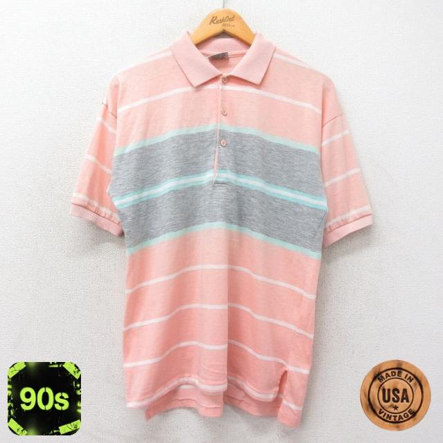 古着 半袖 ポロ シャツ メンズ 90年代 90s USA製 ピンク系他 Lサイ