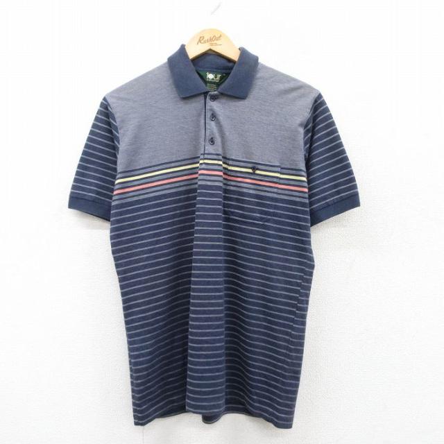 古着 半袖 ポロ シャツ メンズ 90年代 90s 紺他 ネイビー ボーダー M