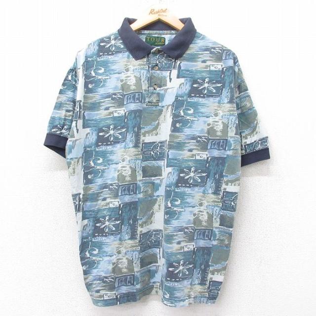 古着 アロー 半袖 ポロ シャツ メンズ 90年代 90s 総柄 薄紺他 ネイビ