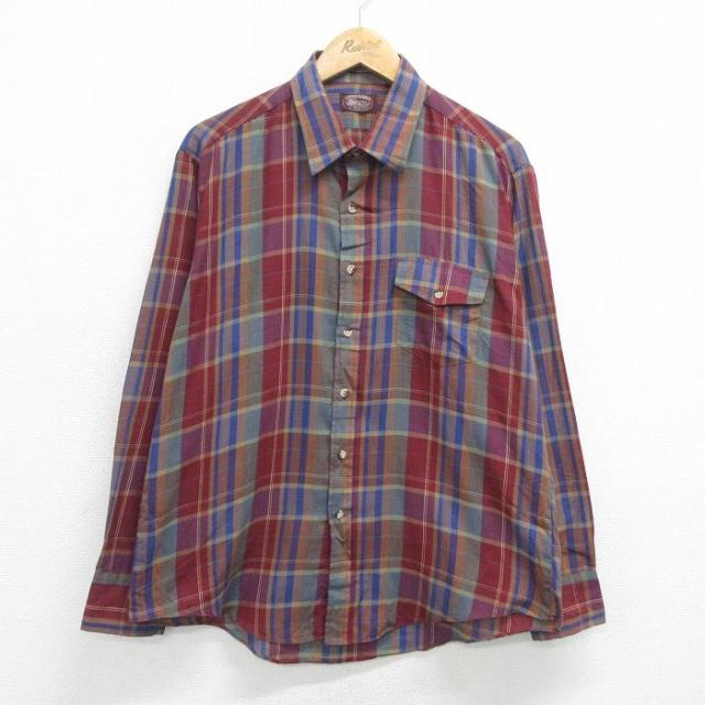 古着 長袖 シャツ メンズ 90年代 90s エンジ他 チェック XLサイズ 中