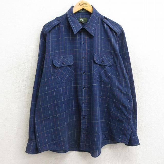 古着 長袖 シャツ メンズ 90年代 90s 大きいサイズ 紺 ネイビー チェッ
