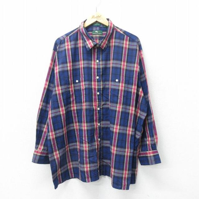 古着 長袖 シャツ メンズ 90年代 90s 大きいサイズ ロング丈 紺他 ネイ