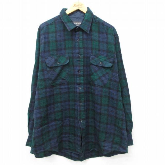 古着 長袖 シャツ メンズ 90年代 90s 大きいサイズ ロング丈 緑他 グリ