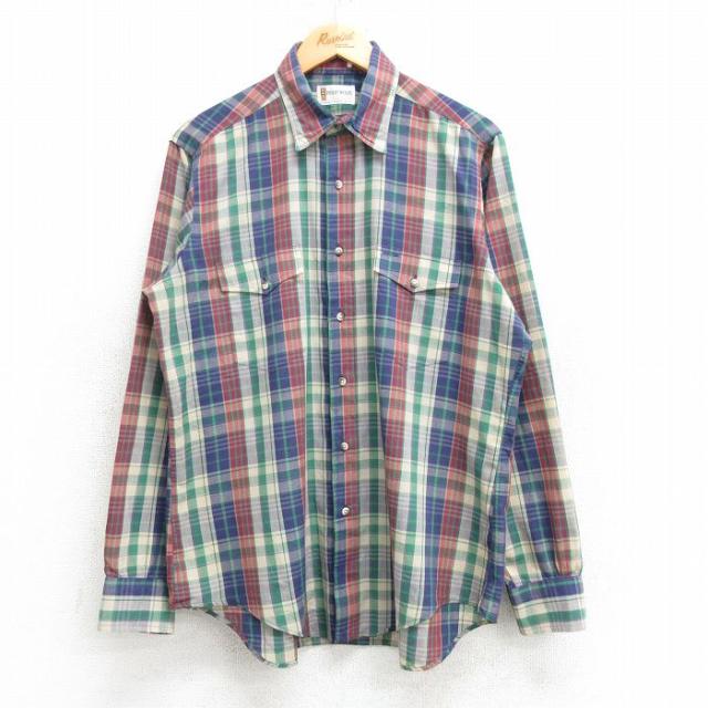 古着 長袖 シャツ メンズ 90年代 90s 紺他 ネイビー チェック Mサイズ