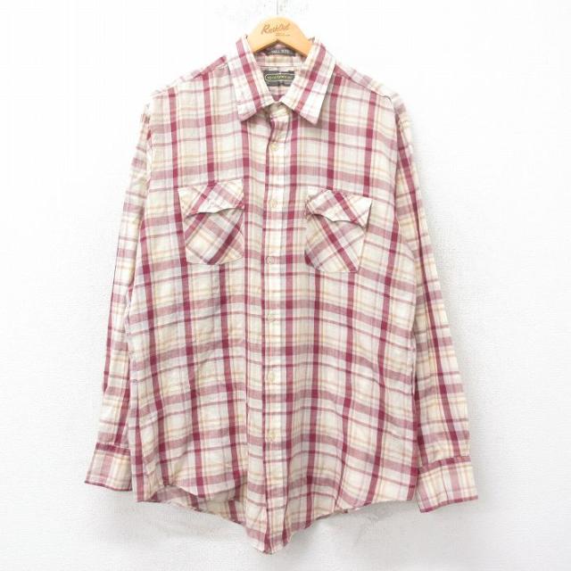 古着 シアーズ 長袖 シャツ メンズ 90年代 90s ロング丈 エンジ他 チェ