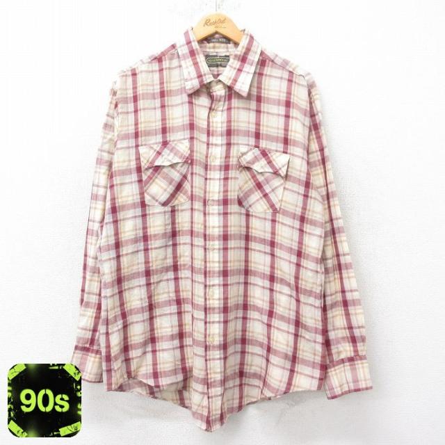 古着 シアーズ 長袖 シャツ メンズ 90年代 90s ロング丈 エンジ他 チェ