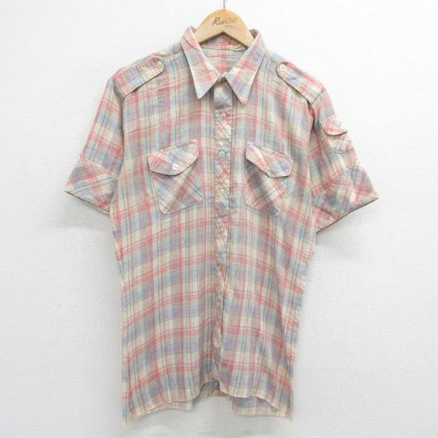 古着 半袖 シャツ メンズ 80年代 80s エンジ他 チェック Lサイズ 中古