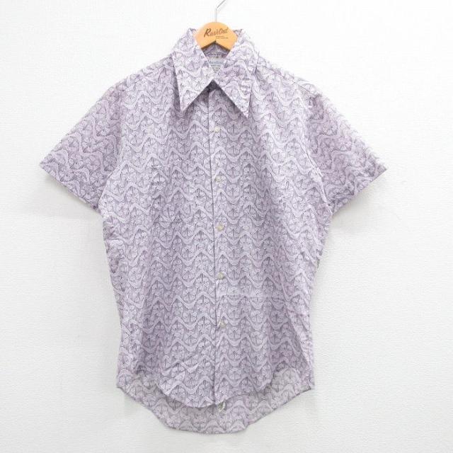 古着 半袖 シャツ メンズ 70年代 70s 総柄 薄紫他 パープル Mサイズ 