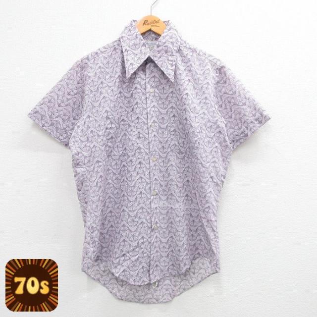 古着 半袖 シャツ メンズ 70年代 70s 総柄 薄紫他 パープル Mサイズ 