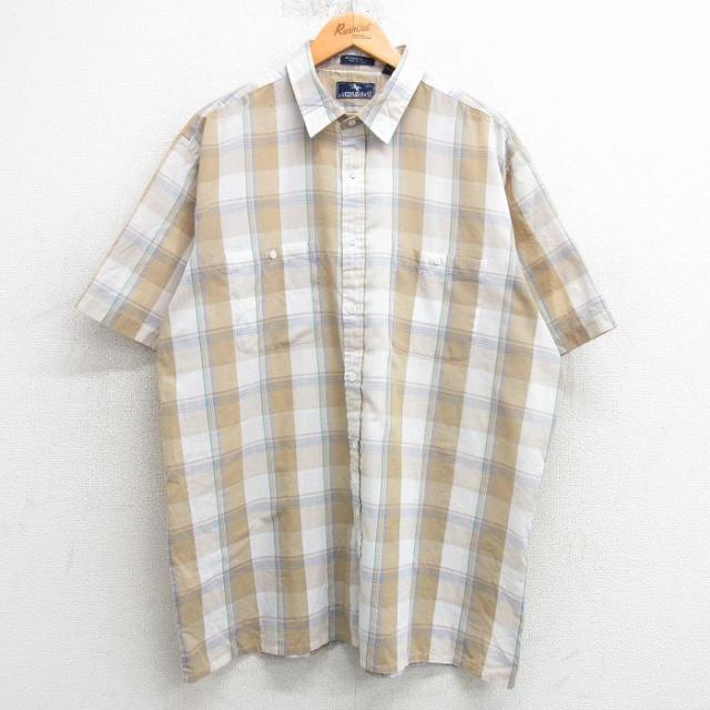 古着 半袖 シャツ メンズ 90年代 90s ロング丈 ベージュ他 カーキ チェ