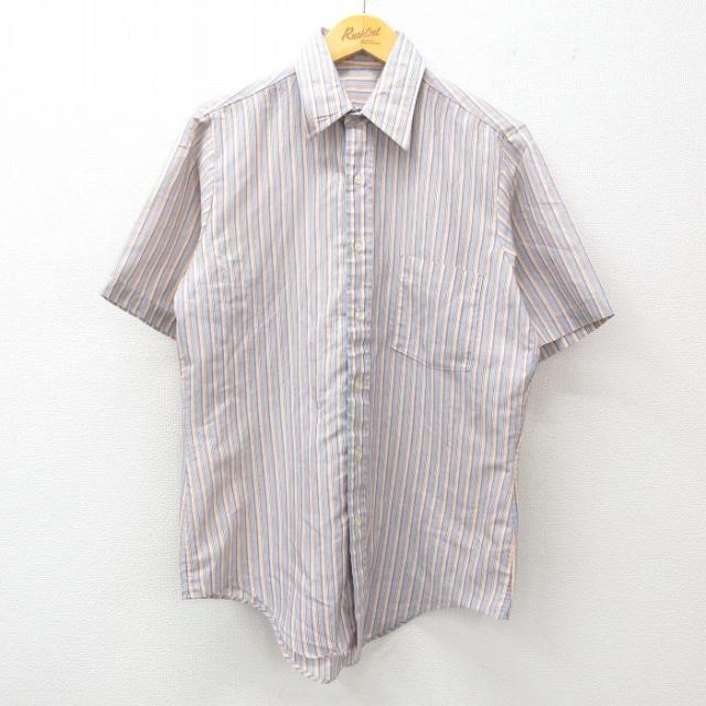 古着 半袖 シャツ メンズ 80年代 80s 薄紺他 ネイビー ストライプ Lサ