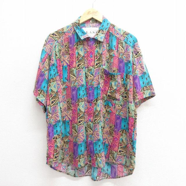 古着 半袖 シャツ メンズ 90年代 90s レーヨン 紫他 パープル Mサイズ