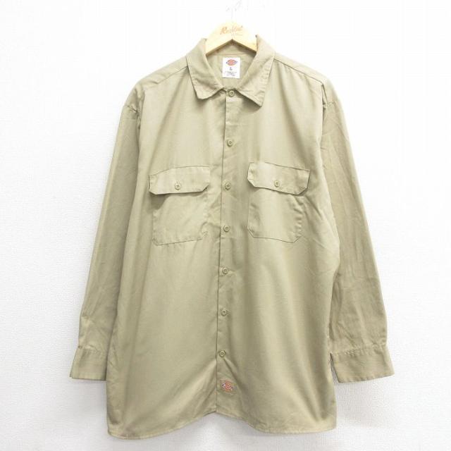 古着 ディッキーズ Dickies 長袖 ワーク シャツ メンズ ベージュ カー