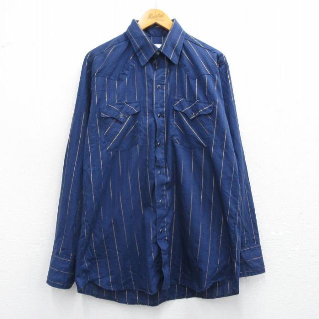 古着 長袖 ウエスタン シャツ メンズ 90年代 90s USA製 紺他 ネイビ