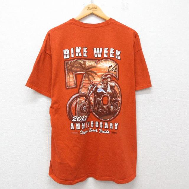 古着 半袖 Tシャツ メンズ バイク 大きいサイズ クルーネック オレンジ 霜降