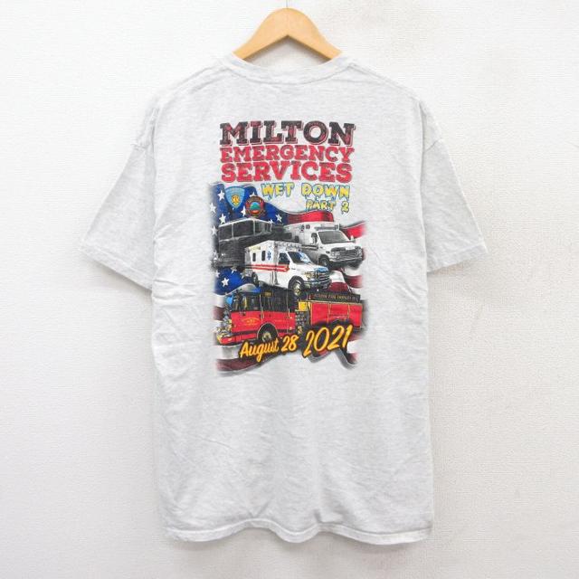 古着 半袖 Tシャツ メンズ 消防車 救急車 大きいサイズ クルーネック 薄グレ