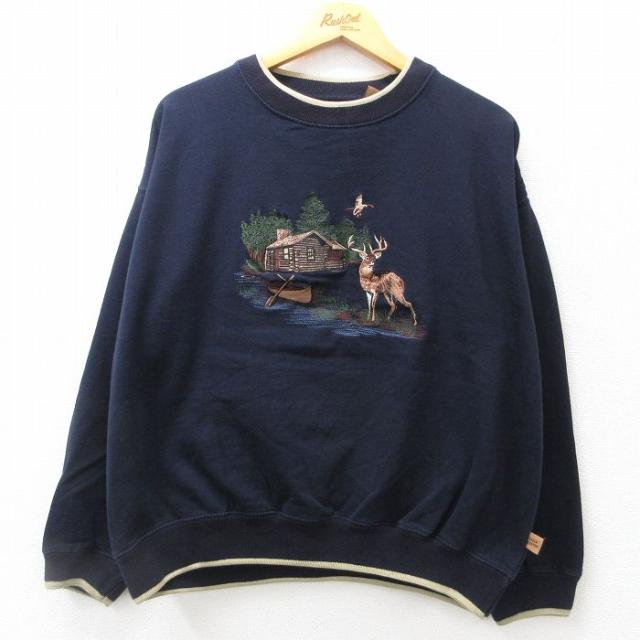 古着 長袖 スウェット メンズ シカ 刺繍 大きいサイズ クルーネック 濃紺 ネ
