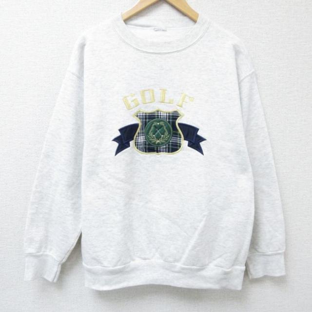 古着 長袖 スウェット メンズ ゴルフ 刺繍 クルーネック 薄グレー 霜降り L
