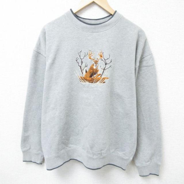古着 長袖 スウェット メンズ 00年代 00s シカ 刺繍 クルーネック グレ