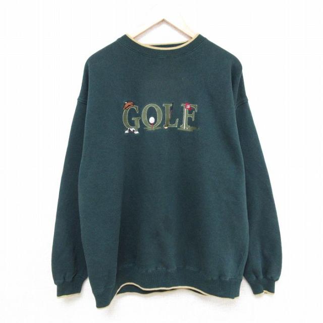 古着 長袖 スウェット メンズ 00年代 00s ゴルフ 刺繍 クルーネック 緑