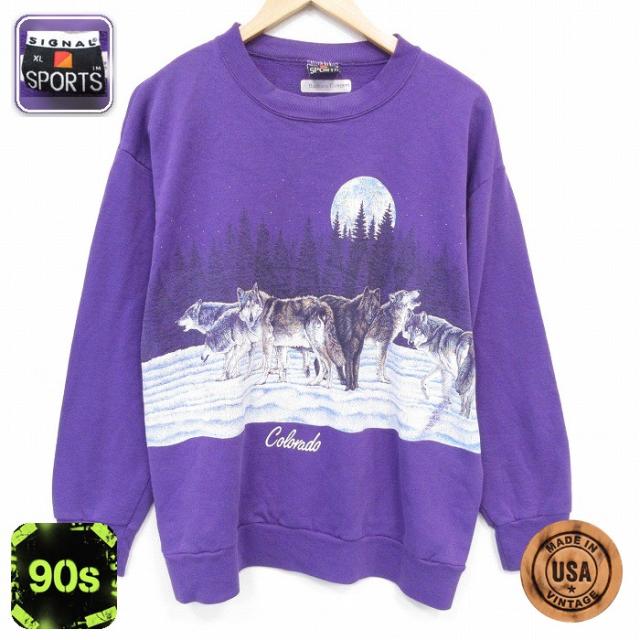 古着 SIGNAL 長袖 スウェット メンズ 90年代 90s オオカミ クルー