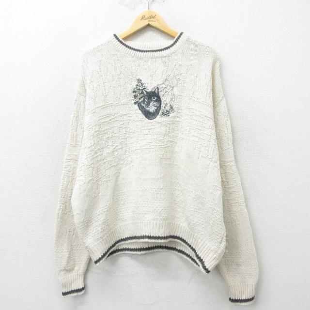 古着 長袖 セーター メンズ 90年代 90s オオカミ 刺繍 大きいサイズ コ