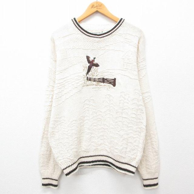 古着 長袖 セーター メンズ 90年代 90s 鳥 刺繍 コットン クルーネック