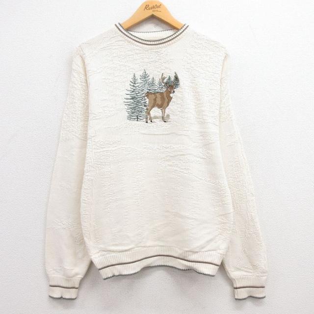 古着 長袖 セーター メンズ 90年代 90s シカ 刺繍 コットン クルーネッ