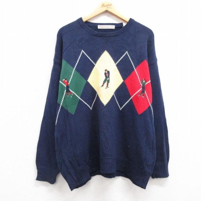 古着 長袖 セーター メンズ 90年代 90s ゴルフ 刺繍 コットン クルーネ
