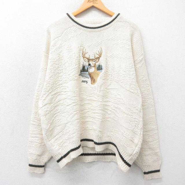 古着 長袖 セーター メンズ 90年代 90s シカ 刺繍 大きいサイズ コット