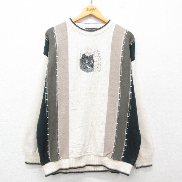 古着 長袖 セーター メンズ 90年代 90s オオカミ 刺繍 クルーネック 生
