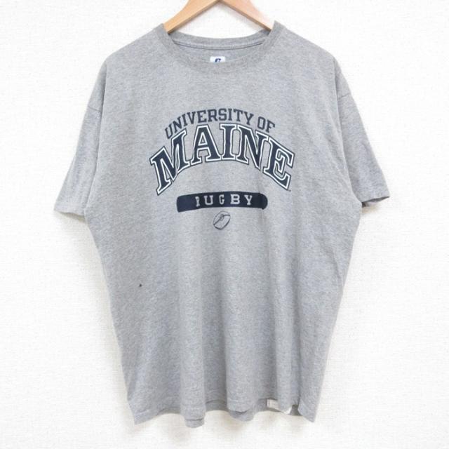 古着 ラッセル 半袖 Tシャツ メンズ MAINE 大学 クルーネック グレー 