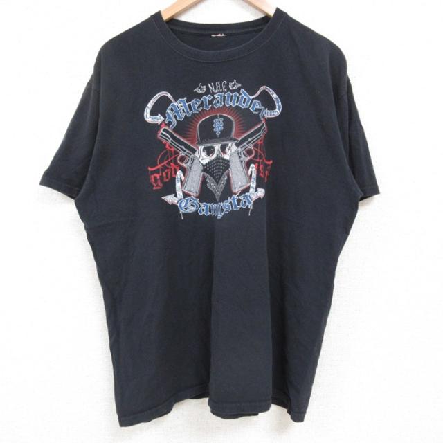 古着 半袖 Tシャツ メンズ スカル クルーネック 黒 ブラック XLサイズ 中