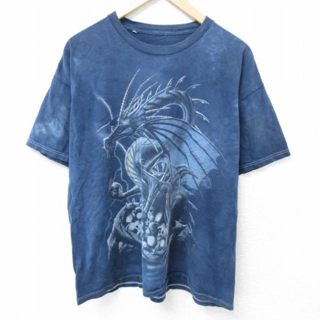 古着 半袖 Tシャツ メンズ ドラゴン 大きいサイズ クルーネック 薄紺他 ネイ
