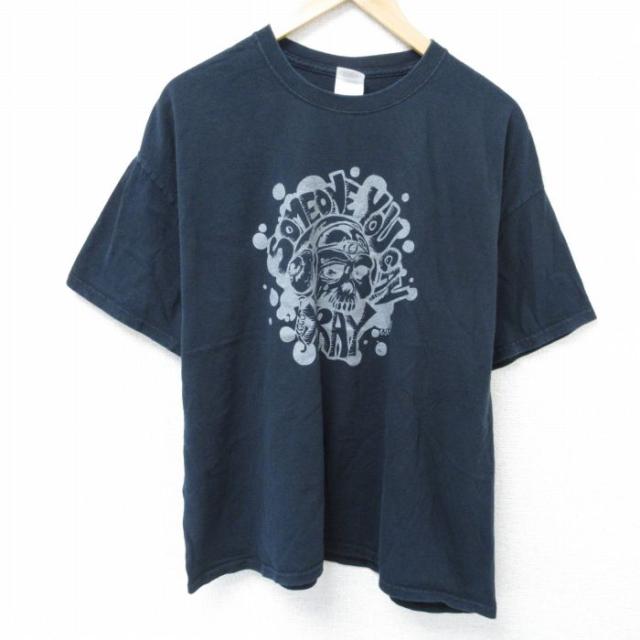 古着 半袖 Tシャツ メンズ スカル コットン クルーネック 紺 ネイビー XL