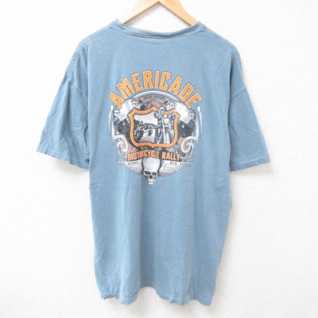 古着 半袖 Tシャツ メンズ スカル 大きいサイズ コットン クルーネック 薄紺