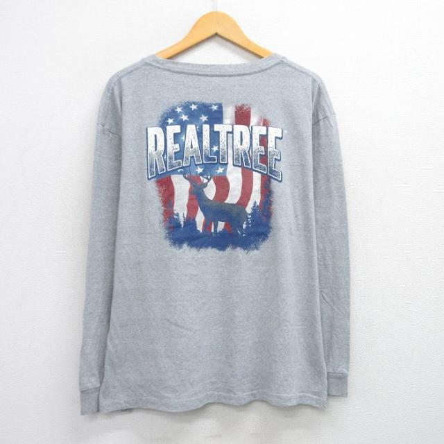 古着 長袖 Tシャツ メンズ REALTREE シカ 星条旗 大きいサイズ クル
